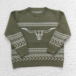 BT0178 Western Skull Bull Dark Green Knit Sweater