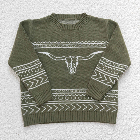 BT0178 Western Skull Bull Dark Green Knit Sweater