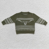 BT0178 Western Skull Bull Dark Green Knit Sweater