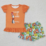 SALE A6-16 The cat in the hat Orange Reading Girl's Shorts Set