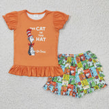 SALE A6-16 The cat in the hat Orange Reading Girl's Shorts Set