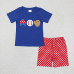 Embroidery Softball Blue Red Dots Boy's Shorts Set