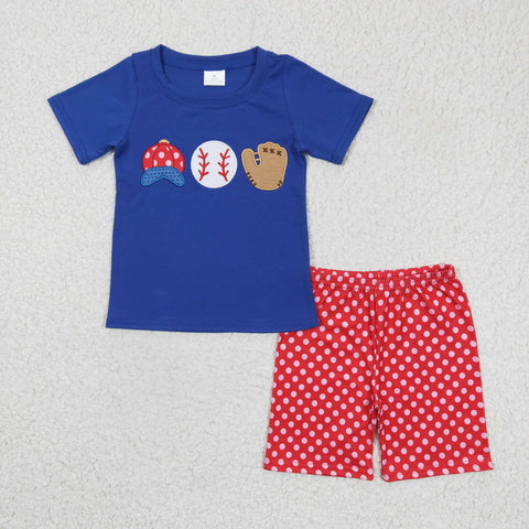 Embroidery Softball Blue Red Dots Boy's Shorts Set