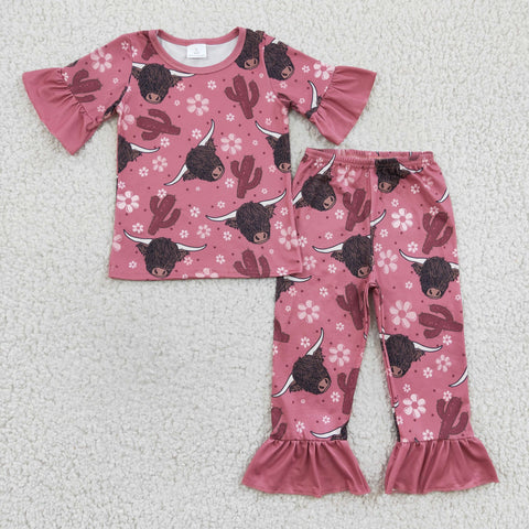 Cow Cactus Pink Flower Girl's Set Pajamas