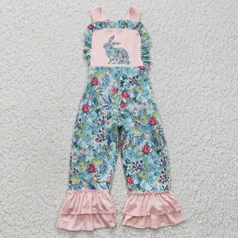 SR0164 Easter Rabbit Floral Flower Pink Cute Girl's Jumpsuit