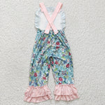 SR0164 Easter Rabbit Floral Flower Pink Cute Girl's Jumpsuit