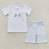 BSSO0090 Embroidery Easter Rabbit Plaid Boy's Shorts Set