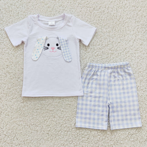 BSSO0090 Embroidery Easter Rabbit Plaid Boy's Shorts Set