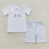 BSSO0090 Embroidery Easter Rabbit Plaid Boy's Shorts Set