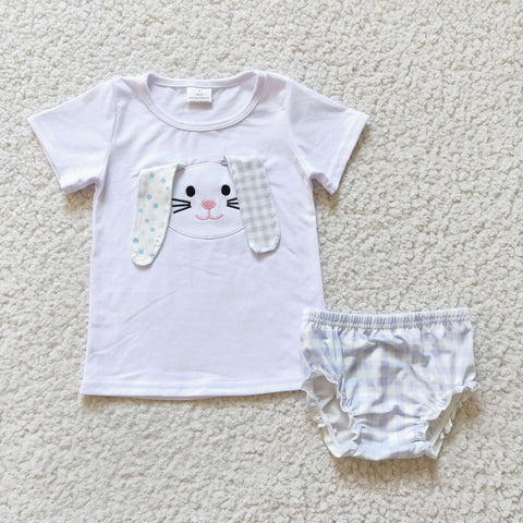 GBO0063 Embroidery Easter Rabbit Plaid Girl's Bummie Set