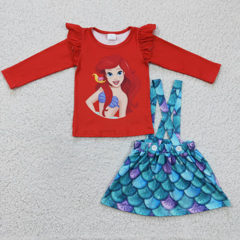 Cartoon Princess Mermaid Red Girl's Skirt Overalls Set