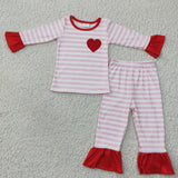 Embroidery Red Love Stripe Girl's Set Pajamas