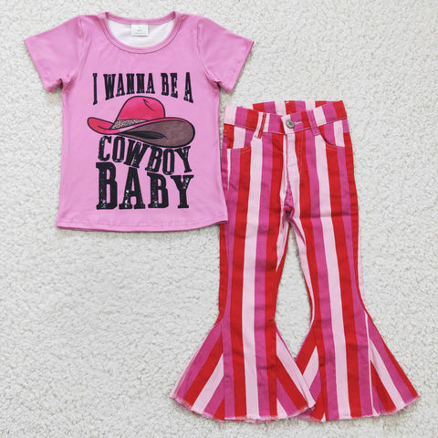 Fashion I WANNA BE A COWBOY BABY Pink Jeans 2 Pcs Girl's Set