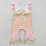 Easter Embroidery Rabbit Carrot Orange Plaid Bow Baby Cute Girl's Romper