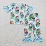 Cartoon Mermaid Fish Sky Blue Girl's Set Pajamas