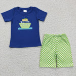 Embroidery Ocean Ship Navy Blue Green Plaid Boy's Shorts Set