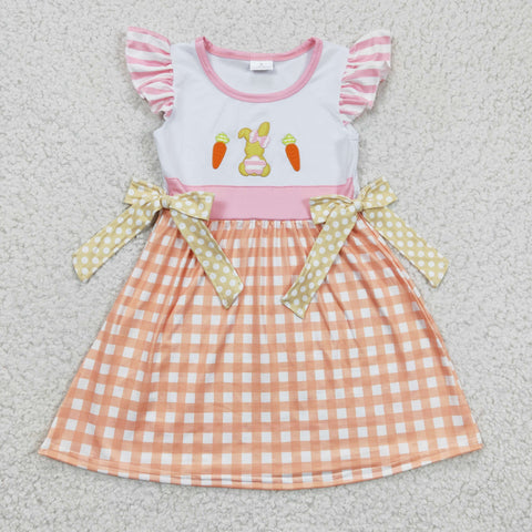 Easter Embroidery Rabbit Carrot Orange Plaid Bow Cute Girl's Dress