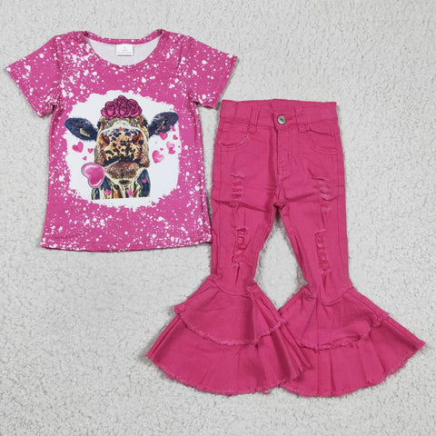 Fashion GSPO0474  Valentine's Day Cow Pink Jeans 2 Pcs Girl's Set