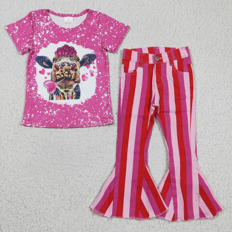 Fashion GSPO0475 Valentine's Day Cow Pink Stripe Jeans 2 Pcs Girl's Set