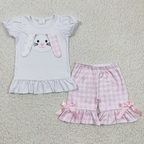 GSSO0128 Easter Embroidery Rabbit Plaid Girl's Shorts Set