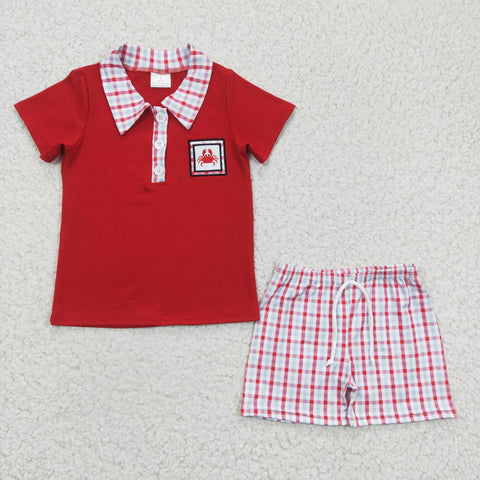 Summer Red Embroidery Crab Plaid Boy's Shorts Set