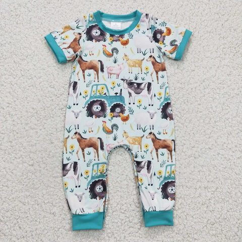 SR0130 Farm Animal Truck Flower Blue Baby Boy's Romper