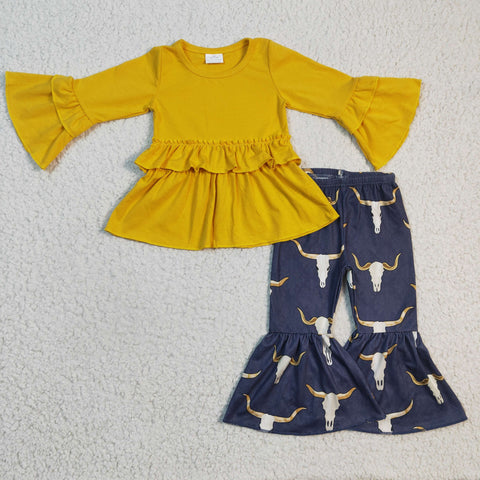 SALE GLP0368 New Skull Bull Ruffles Yellow Blue Girl's Set