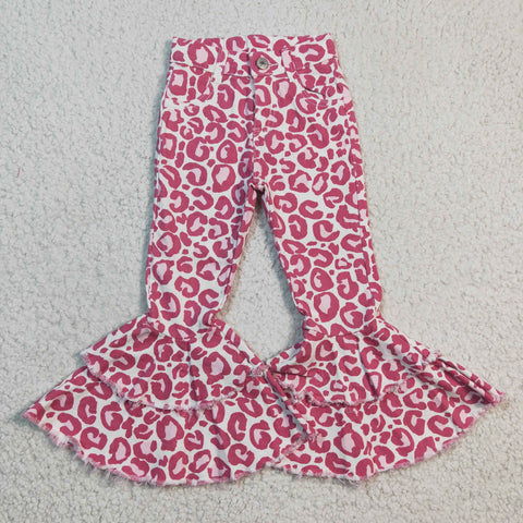 P0044 Fashion Jeans Pink Leopard Denim Flared Girl's Pants