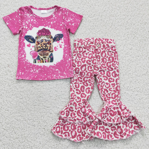 Fashion GSPO0482  Valentine's Day Cow Pink Leopard Jeans 2 Pcs Girl's Set