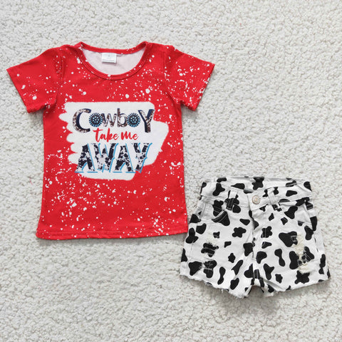 GSSO0147 Summer Fashion Cowboy Take Me Away Red Denim Shorts 2 Pcs Girl's Set