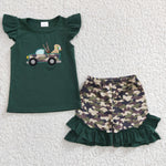 GSSO0145 Embroidery New Camo Car Dog Army Green Girl's Shorts Set