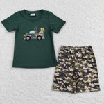 BSSO0111 Embroidery New Camo Car Dog Army Green Boy's Shorts Set