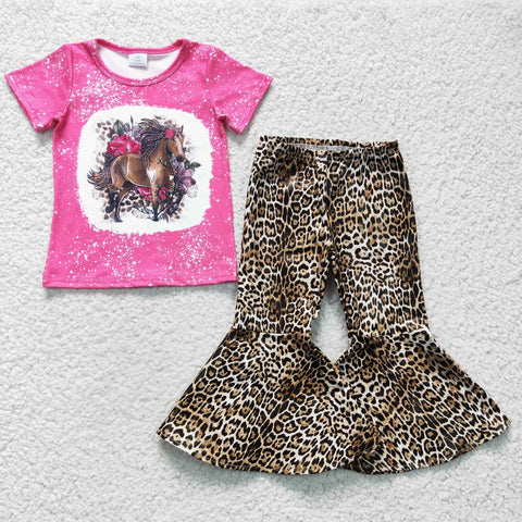 GSPO0486 Boutique Horse Pink Top Leopard Leather Flared Pants 2 Pcs Girl's Set