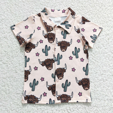 BT0133 Western Cow Cactus Short Sleeves Buttons Boy's Shirt