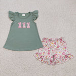 GSSO0160 Embroidery Easter Rabbit Bunny Flower Floral Girl's Shorts Set