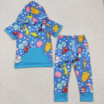 BSPO0068 Cartoon Dots Reading Blue Hoodie Pocket Boy's Set