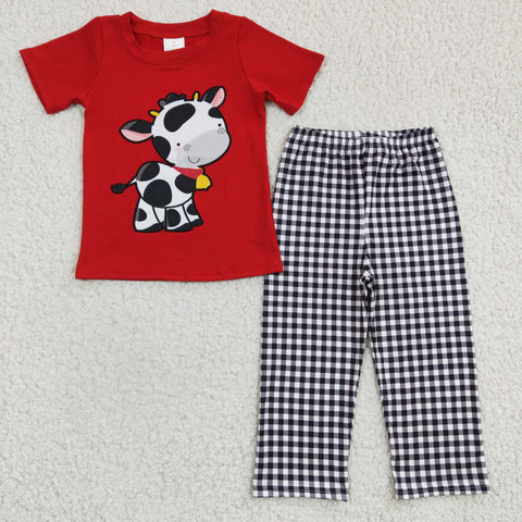 SALE BSPO0057 Cute Embroidery Cow Black Plaid Red Boy's Set