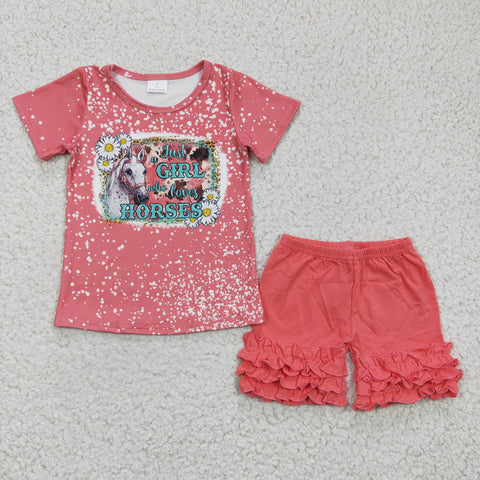 GSSO0185 New Just a girl who loves horses Pink Girl's Shorts Set