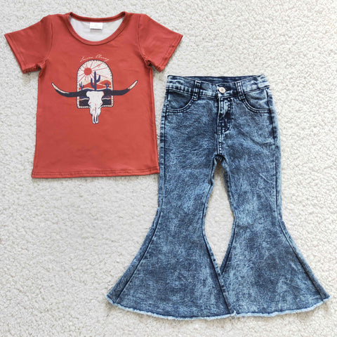 GSPO0399 Fashion COWBOY Cactus Khaki Jeans 2 Pcs Girl's Set