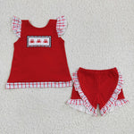 GSSO0142 Summer Red Embroidery Crab Plaid Bow Girl's Shorts Set