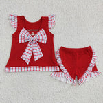 GSSO0142 Summer Red Embroidery Crab Plaid Bow Girl's Shorts Set