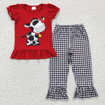 GSPO0342 Cute Embroidery Cow Black Plaid Red Girl's Set