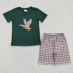 BSSO0117 Embroidery Mallard Summer Duck Green Plaid Boy's Shorts Set