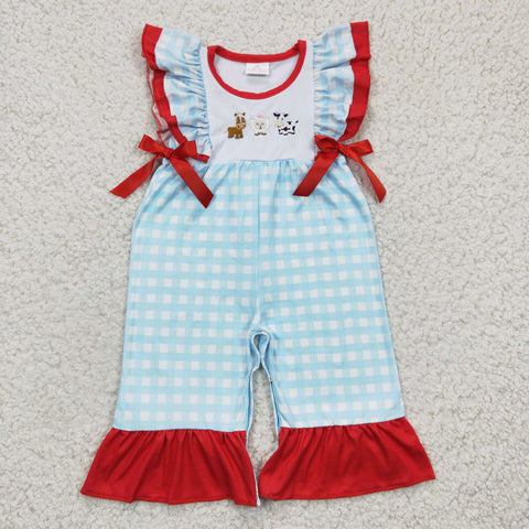 SR0179 Embroidery Farm Cows Red Sky Blue Plaid Bow Baby Cute Girl's Romper