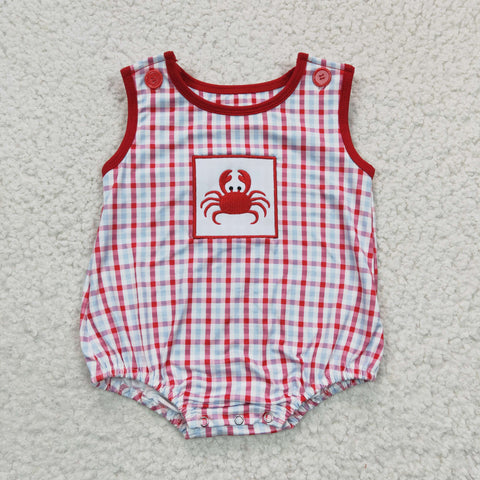 SR0157 Summer Red Embroidery Crab Plaid Baby Bubble Boy's Romper