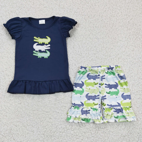 GSSO0159 Embroidery New Crocodile Navy Blue Girl's Shorts Set