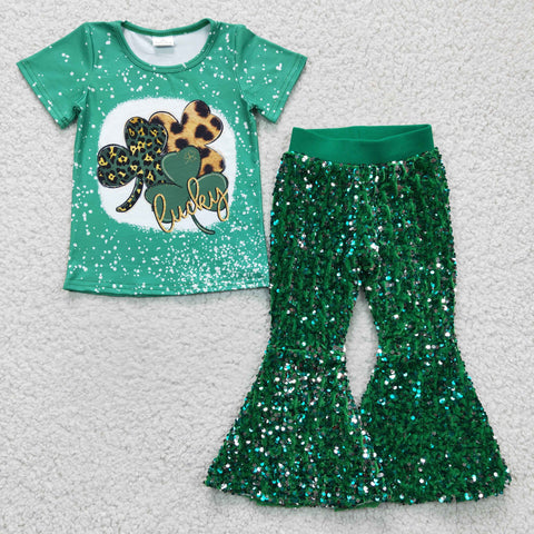 GSPO0401 Lucky Green Leaf Sequin Pants 2 Pcs Girl's Set