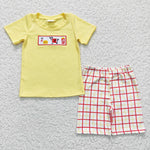 BSSO0112 Embroidery Favorite Cow Yellow Plaid Boy's Shorts Set