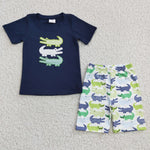 BSSO0132 Embroidery New Crocodile Navy Blue Boy's Shorts Set