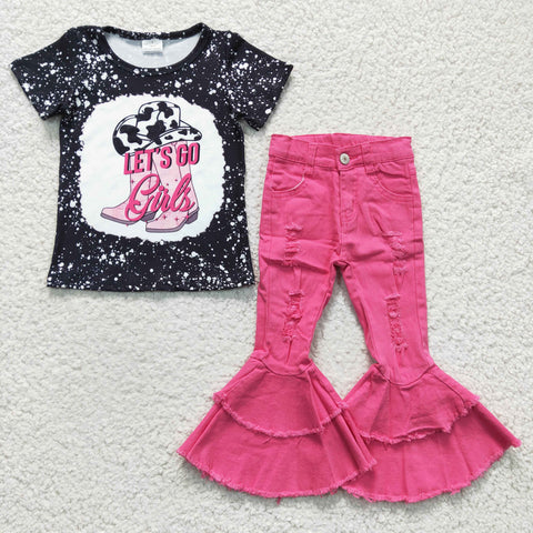 GSPO0495 Fashion Let's go girls Pink Jeans 2 Pcs Girl's Set